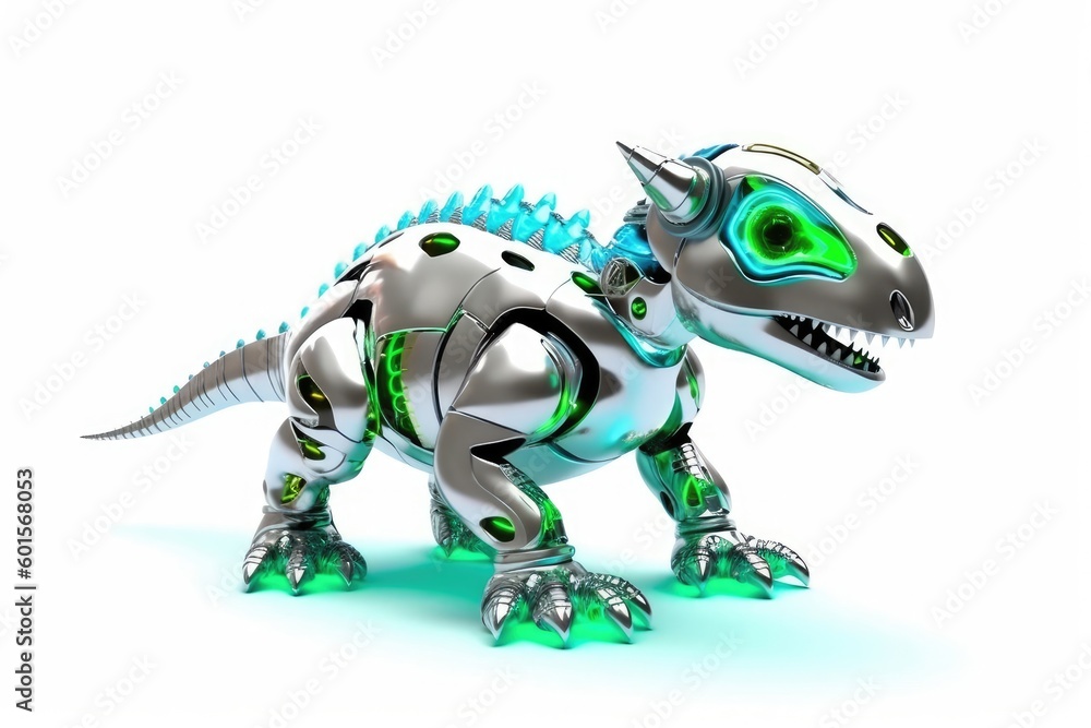 Poster dinosaur white background cybernetic robot toy and copyspace generative ai