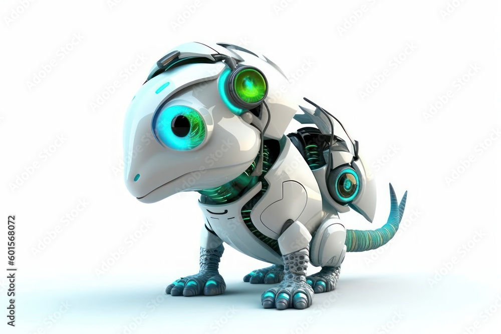 Poster dinosaur white background robot pet and copyspace generative ai