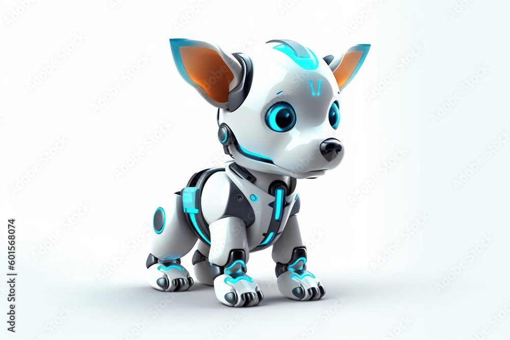 Poster dog white background cyber robot toy with copy space generative ai