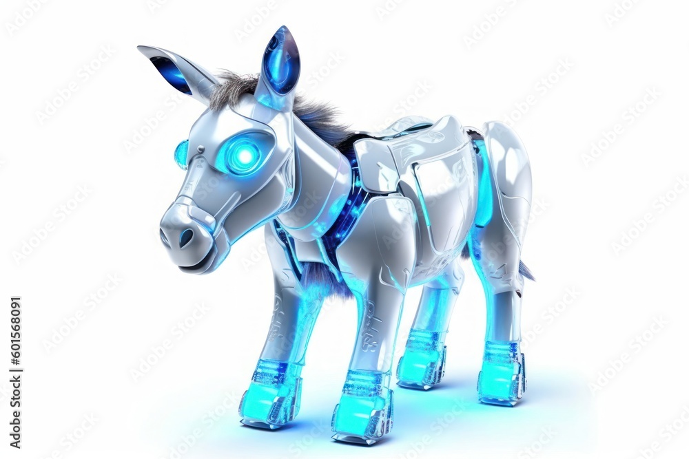 Poster donkey white background cyber robot pet and copy space generative ai