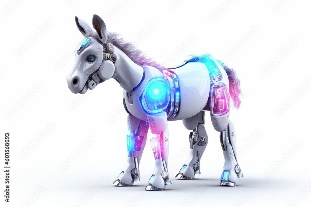 Poster donkey white background cybernetic robot pet with copy space generative ai