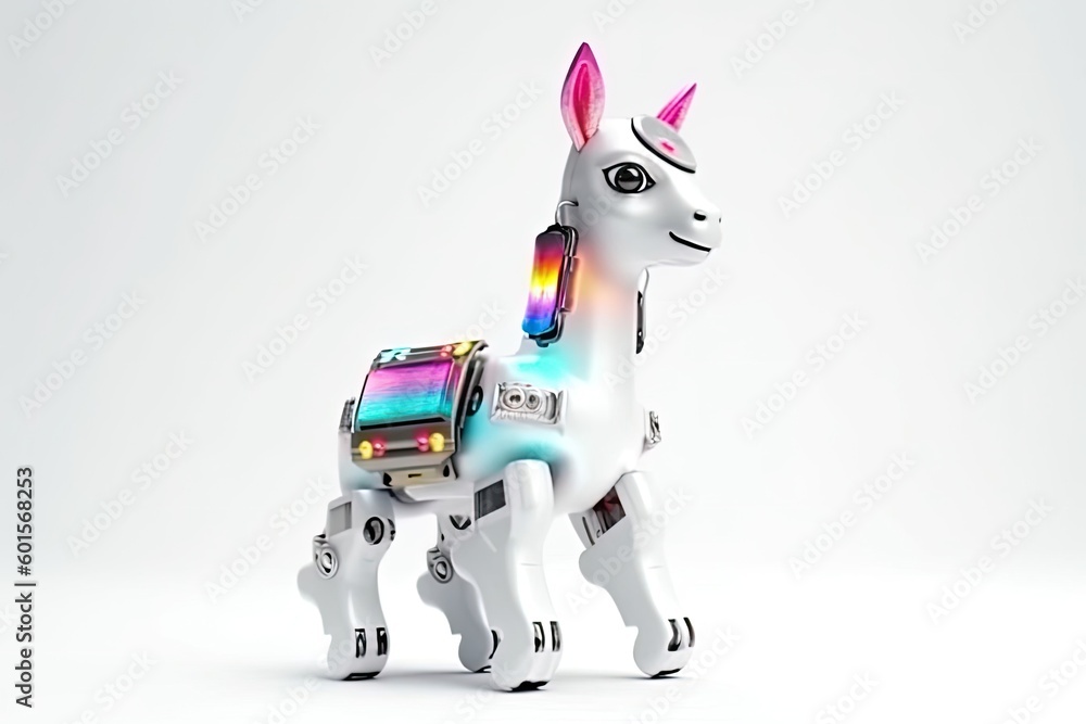 Poster llama white background cybernetic robot toy with copy space generative ai