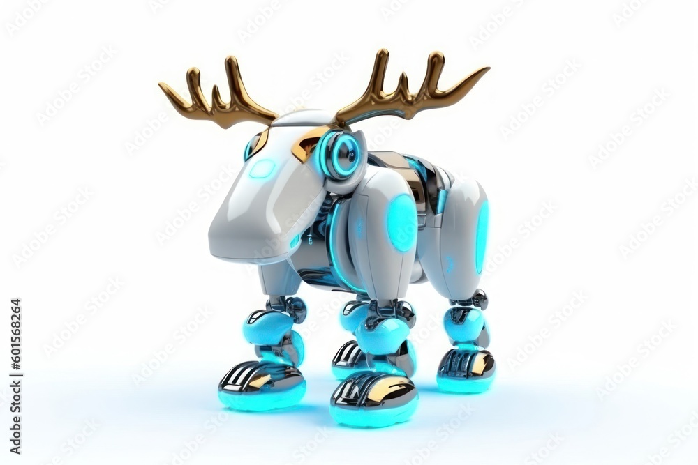 Poster moose white background robot toy with copy space generative ai