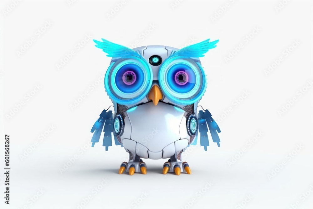 Poster owl white background cybernetic robot pet and copy space generative ai