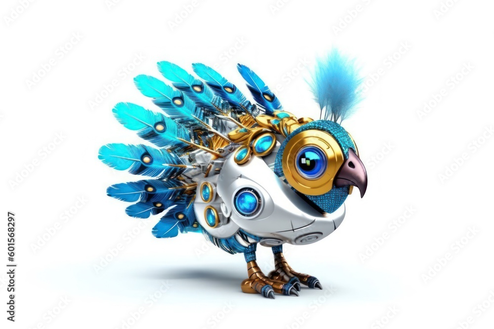 Poster peafowl white background cybernetic robot toy and copyspace generative ai