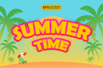 Naklejka premium Summertime text effect with summer beach illustration