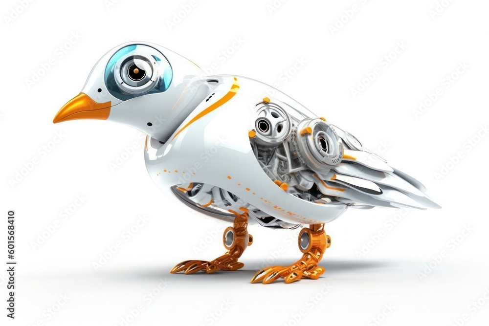 Poster seagull white background cybernetic robot toy and copy space generative ai