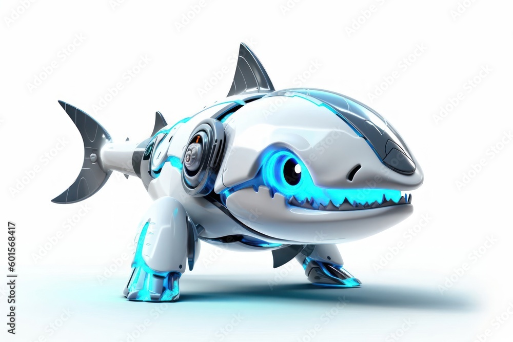 Poster shark white background robot pet and copy space generative ai