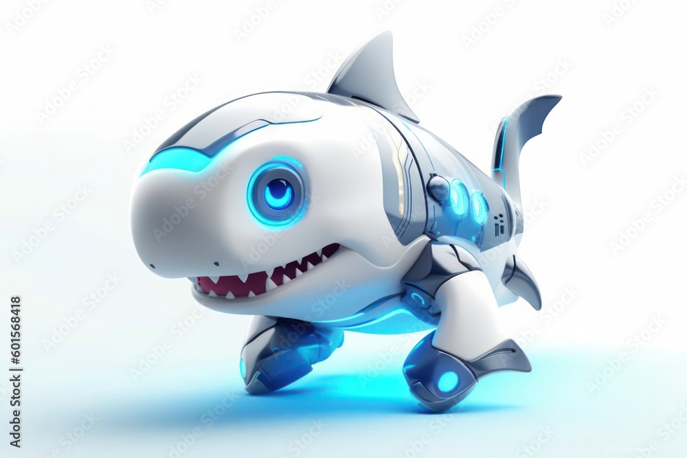 Poster shark white background robot toy and copyspace generative ai