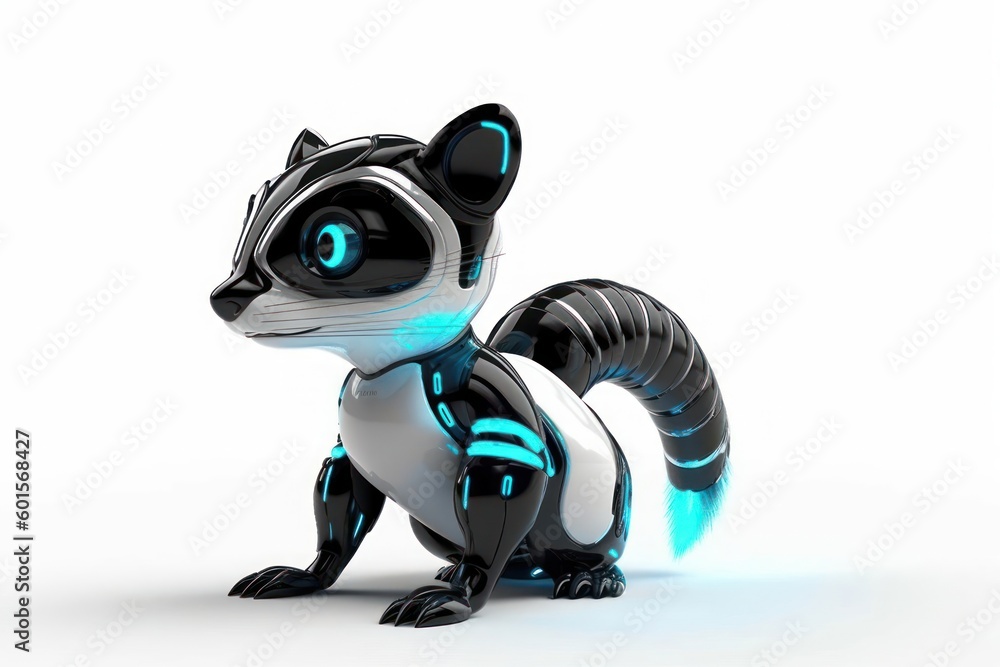 Poster skunk white background cyber robot pet and copy space generative ai