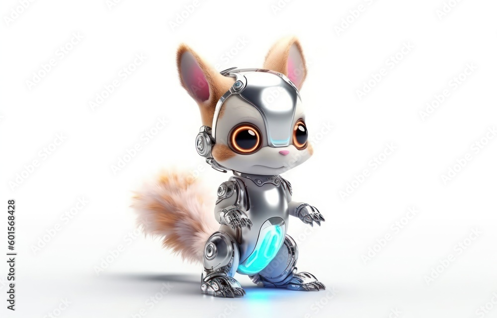 Poster squirrel white background cybernetic robot pet and copyspace generative ai