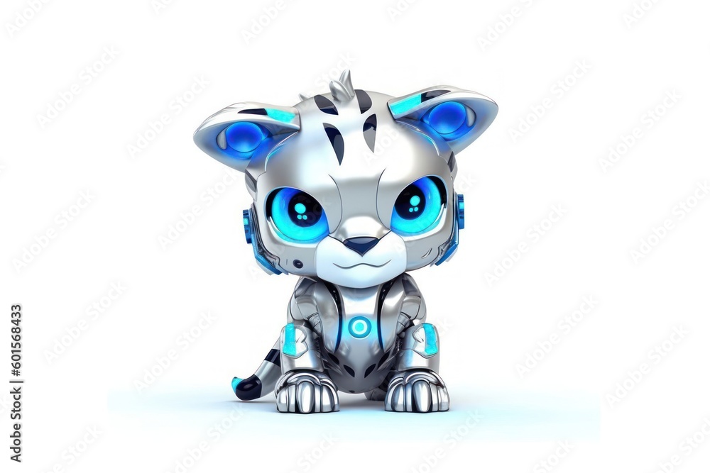 Poster tiger white background cyber robot toy and copyspace generative ai