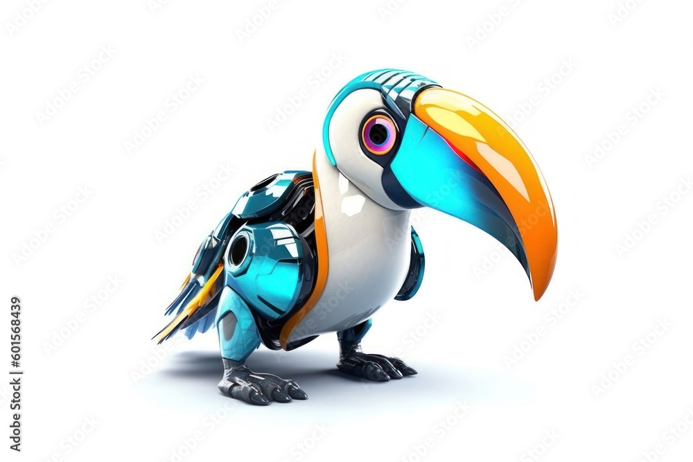 Poster toucan white background cyber robot pet with copy space generative ai