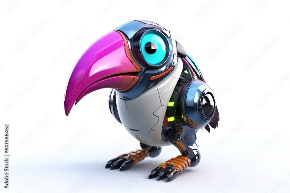 Poster toucan white background robot toy with copy space generative ai