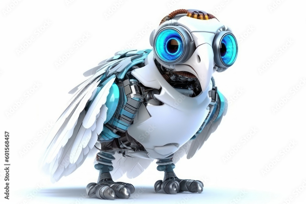 Poster vulture white background cyber robot toy and copyspace generative ai