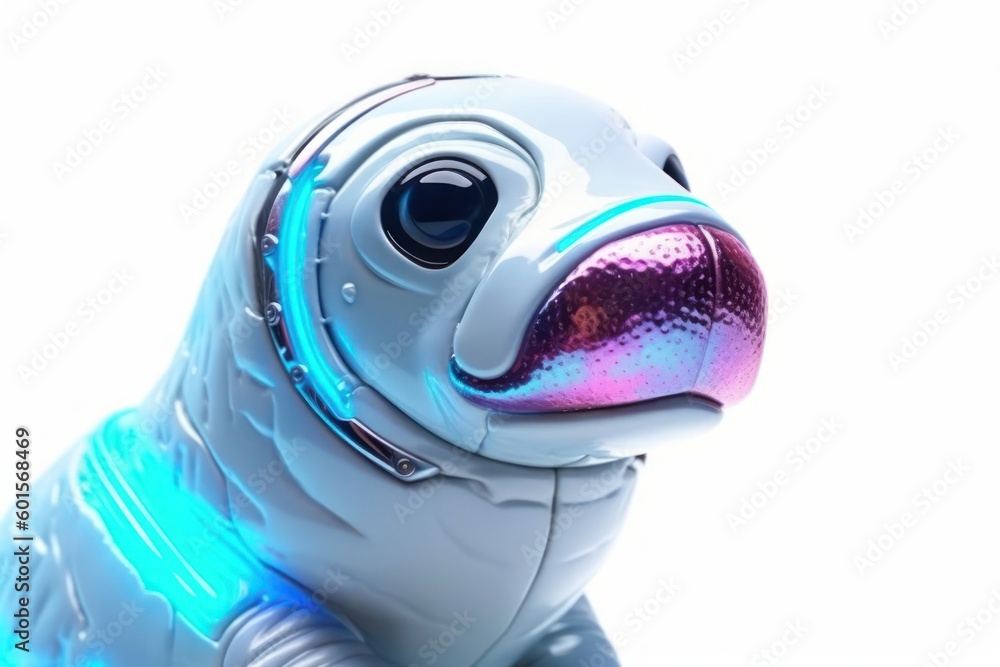 Poster walrus white background cyber robot pet and copyspace generative ai