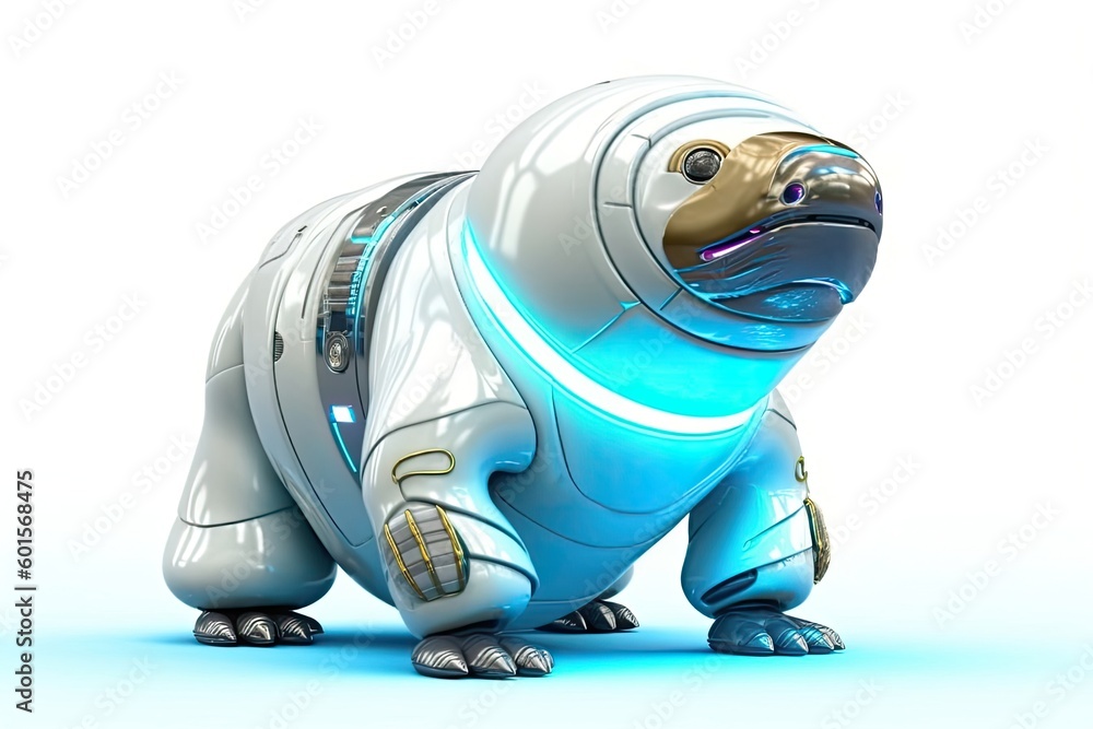 Poster walrus white background cybernetic robot pet with copy space generative ai