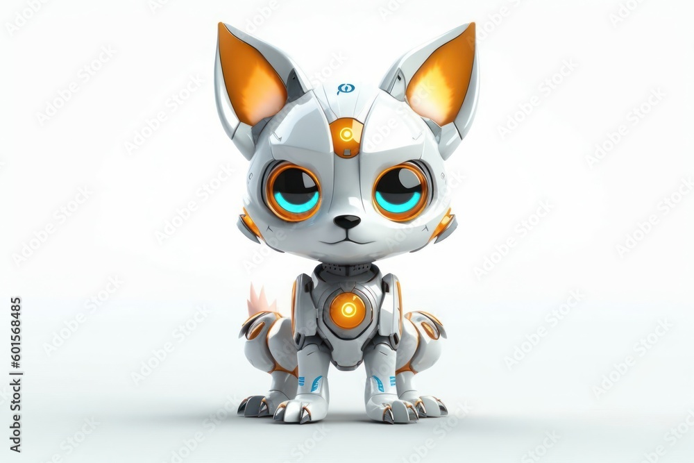 Poster white fox white background cyber robot pet with copy space generative ai