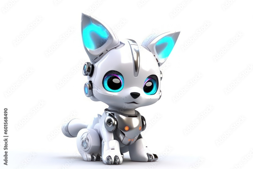 Poster white fox white background cybernetic robot toy with copy space generative ai