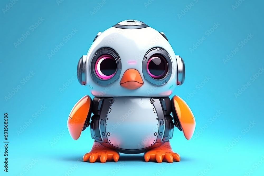 Poster penguin light blue background cybernetic robot toy and copyspace generative ai