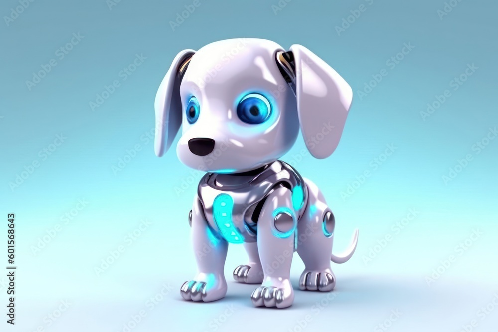 Poster puppy light blue background cyber robot toy and copy space generative ai