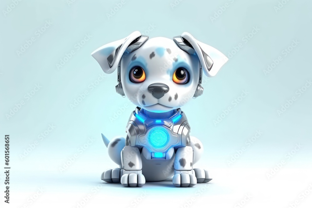 Poster puppy light blue background robot toy with copy space generative ai