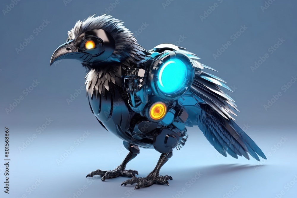 Poster raven light blue background cyber robot pet and copy space generative ai