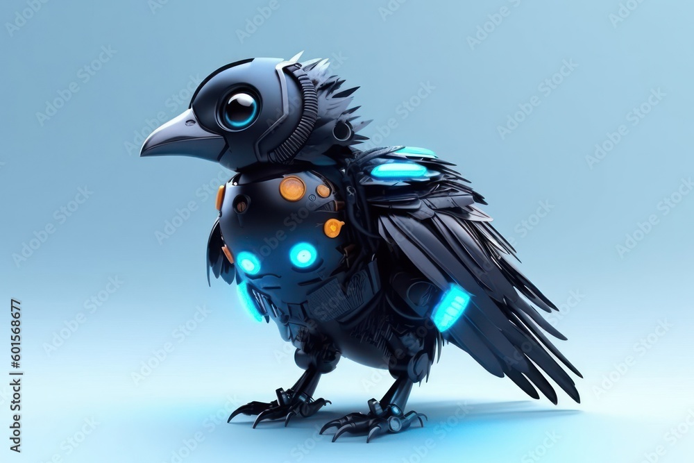 Poster raven light blue background robot toy and copy space generative ai