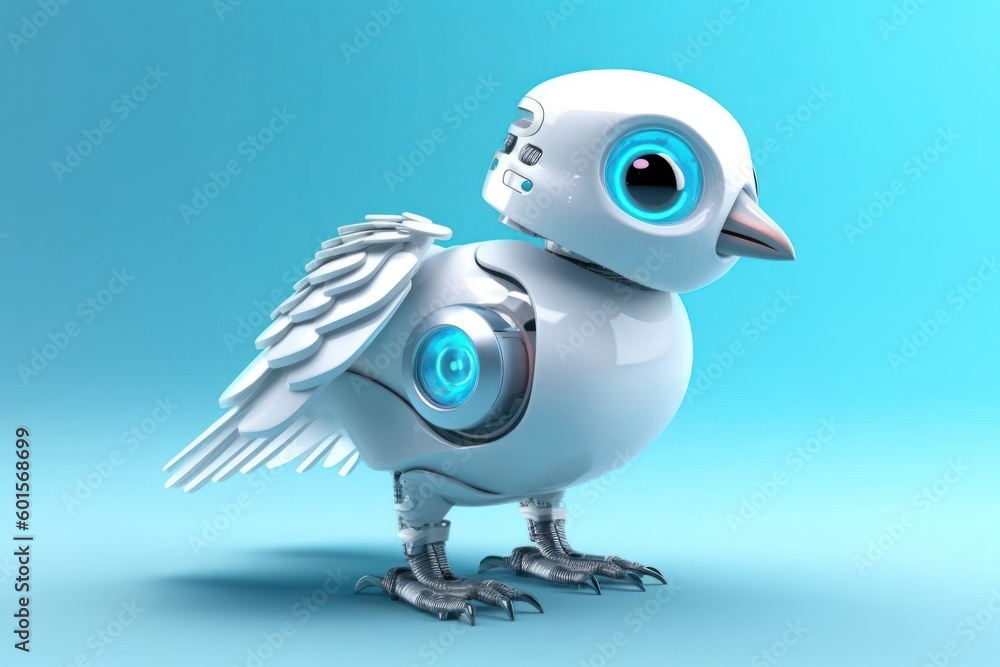 Poster seagull light blue background cyber robot toy and copyspace generative ai