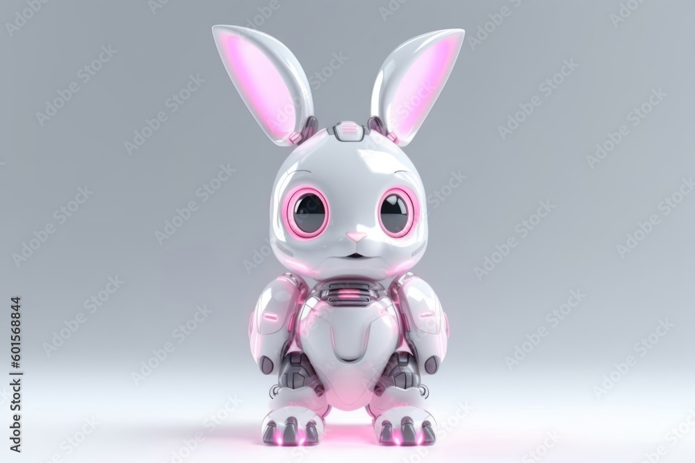 Poster bunny grey background cyber robot toy with copy space generative ai
