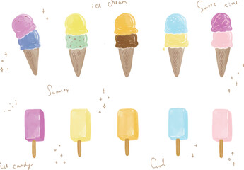 水彩風のアイスクリームのイラストセット