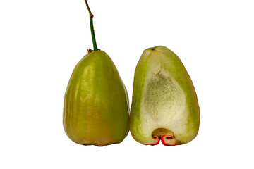 Two ripe and ready-to-eat rose apples, known as Jambu Madu Deli, has green colour and has a very sweet taste with sliced composition