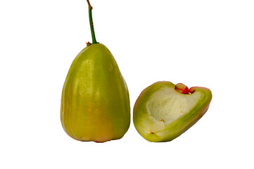 Two ripe and ready-to-eat rose apples, known as Jambu Madu Deli, has green colour and has a very sweet taste with sliced composition