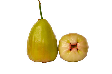 Two ripe and ready-to-eat rose apples, known as Jambu Madu Deli, has green colour and has a very sweet taste