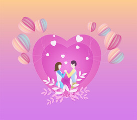 Graphic couple in pink hearts and heart-shaped balloons.