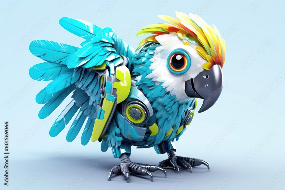 Poster parrot grey background cyber robot pet with copy space generative ai