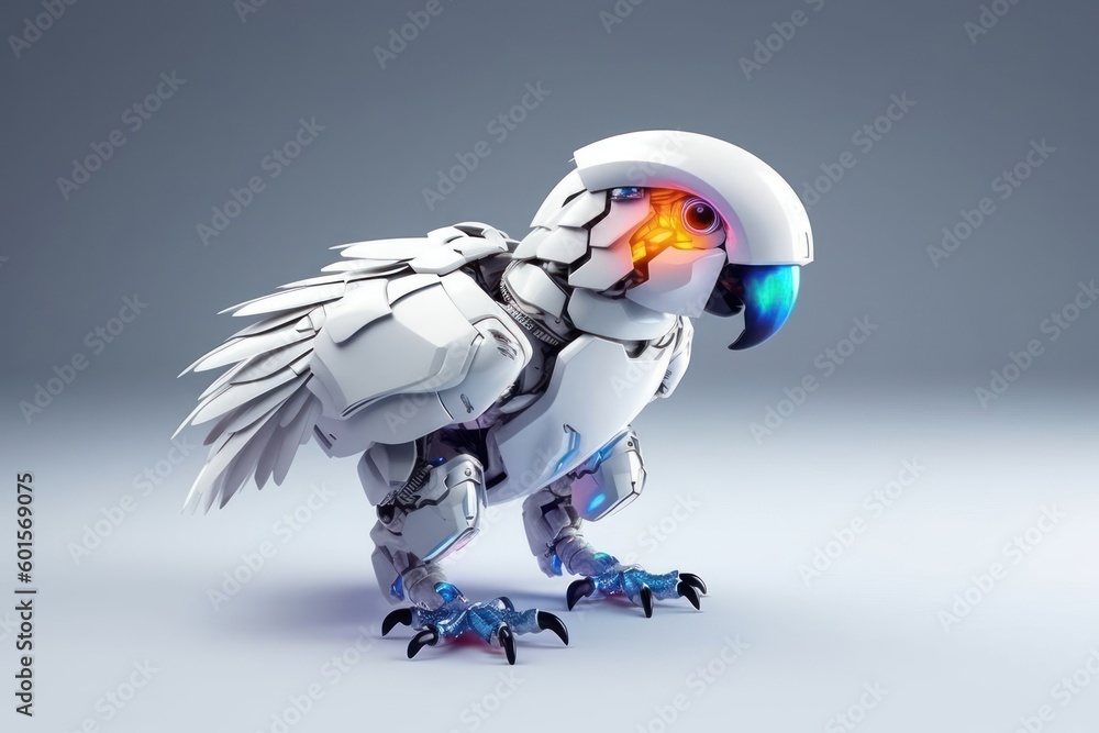 Poster parrot grey background robot pet and copyspace generative ai