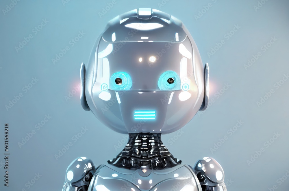 Poster glossy robot on grey background generative ai