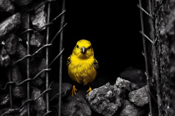 Illustration of a canary in a coal mine.  Generative AI.  - obrazy, fototapety, plakaty