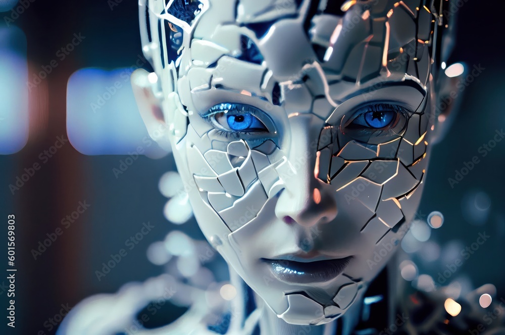 Poster white porcelain cybernetic artificial intelligence head backdrop with copy space generative ai