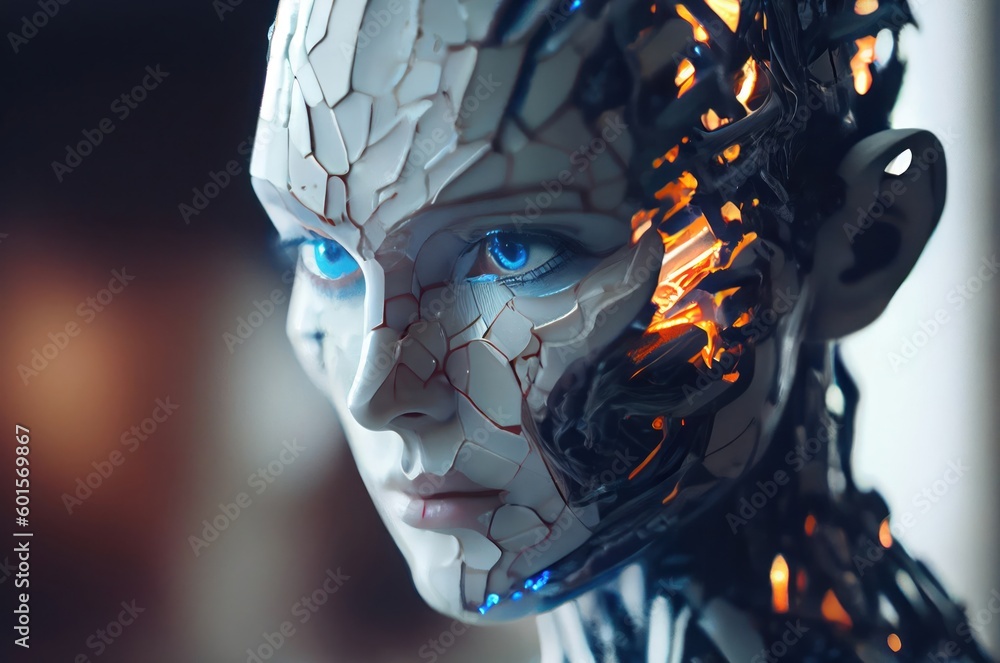 Poster white porcelain futuristic artificial intelligence head backdrop with copy space generative ai