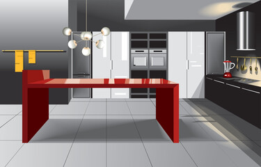 vector illustration of the modern minimalist grey and red kitchen interior. Kitchen design.