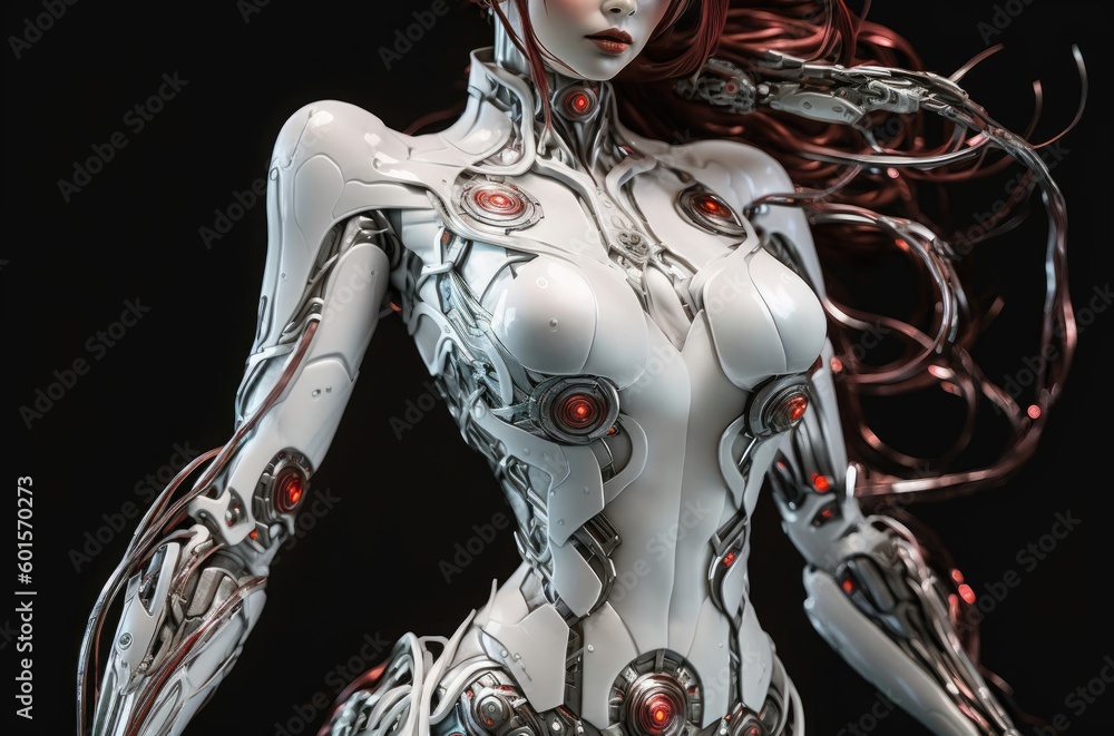 Poster porcelain upper body robot artificial intelligence background with copy space generative ai