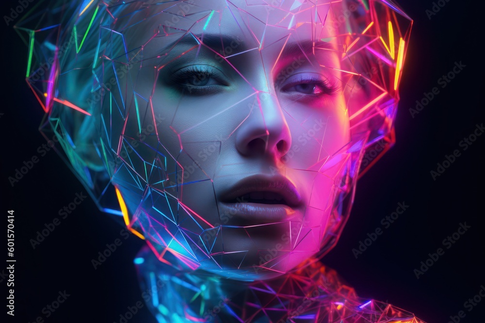 Poster neon female robotic ai background with copy space generative ai