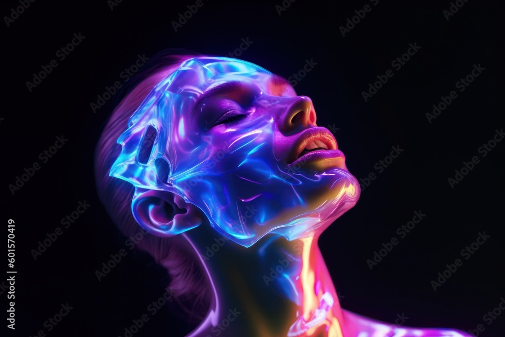Poster neon female robotic artificial intelligence backdrop with copy space generative ai