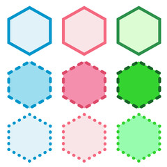 Set of six hexagon icons in different colors. Vector illustration.