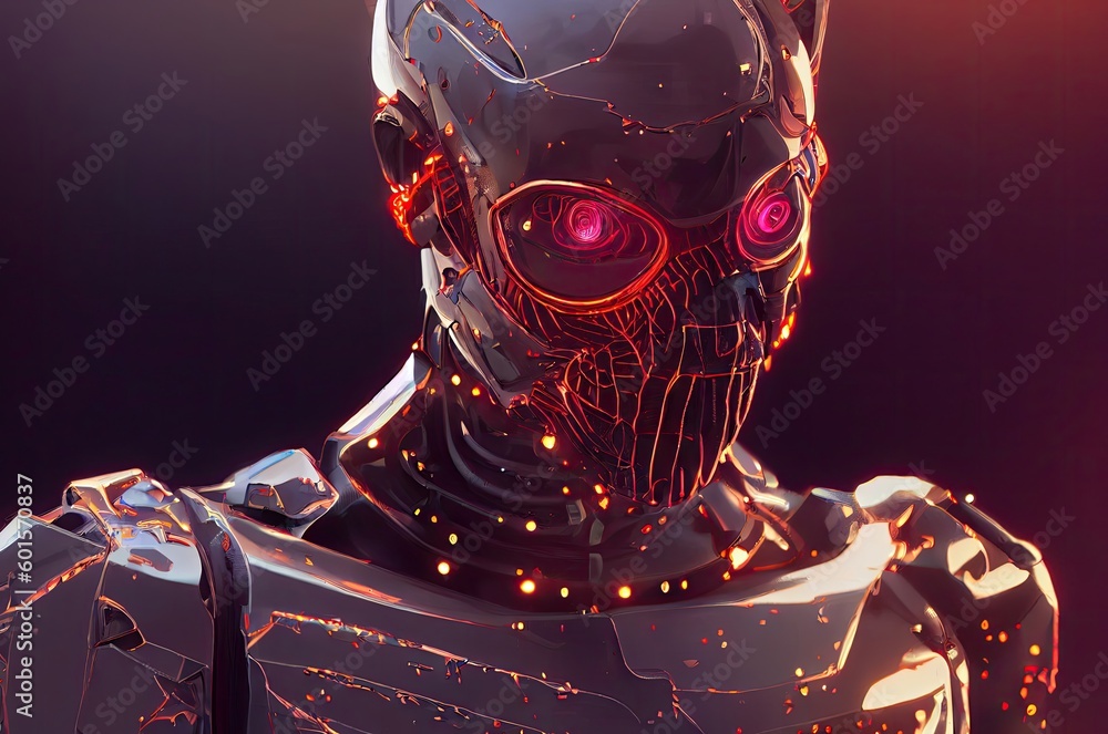 Poster humanoid warrior cybernetic artificial intelligence design with copyspace generative ai
