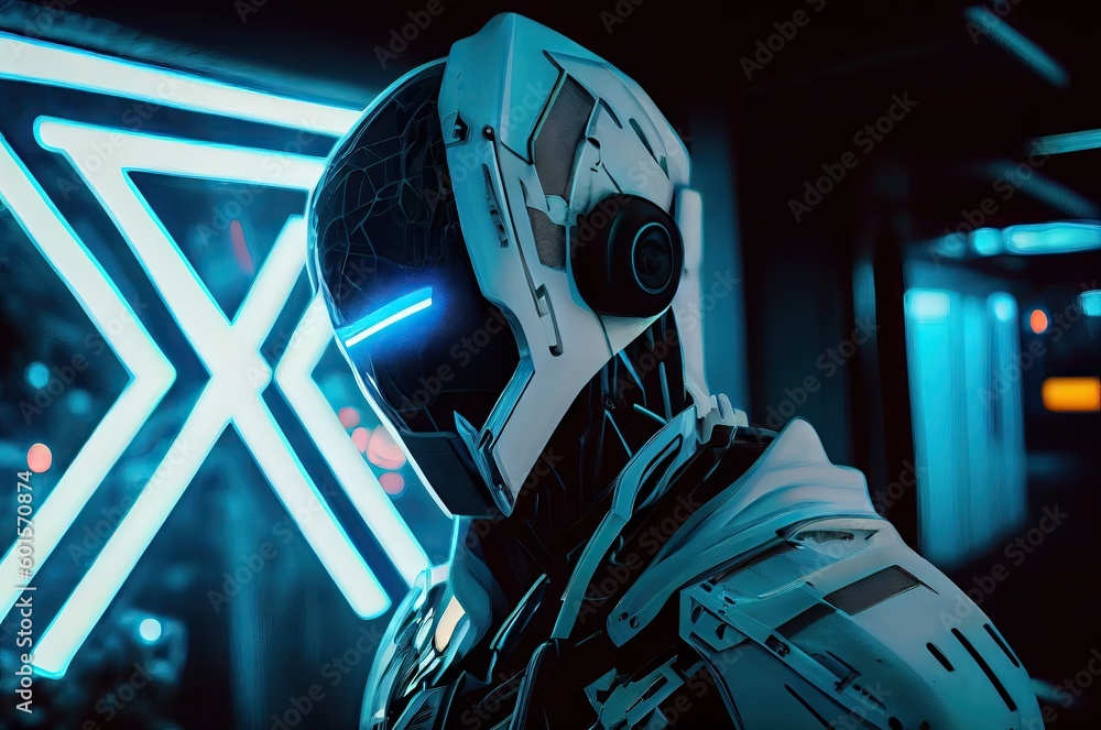 Poster humanoid warrior futuristic ai background with copy space 001 generative ai