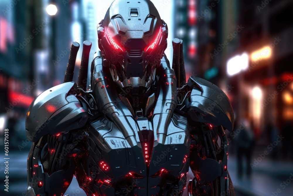 Poster humanoid warrior robotic artificial intelligence background with copy space generative ai