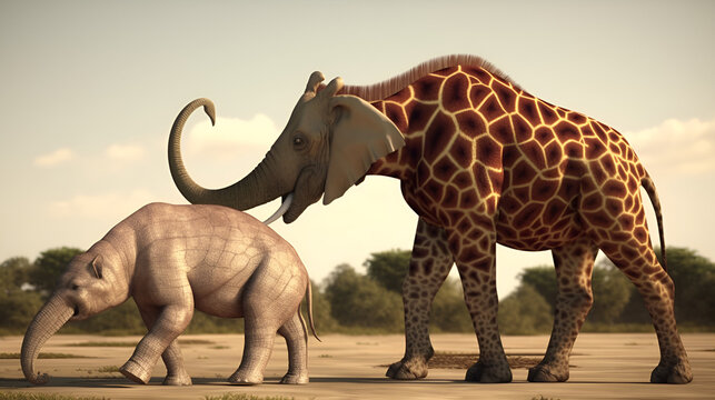 AI Generative art of hybrid animals elephants,giraffes amd rhinoceros